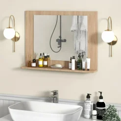 Tangkula Bathroom Mirror with Shelf, 23.5" x 17.5" Rectangle Wood Frame Bathroom Vanity Mirror for over Sink