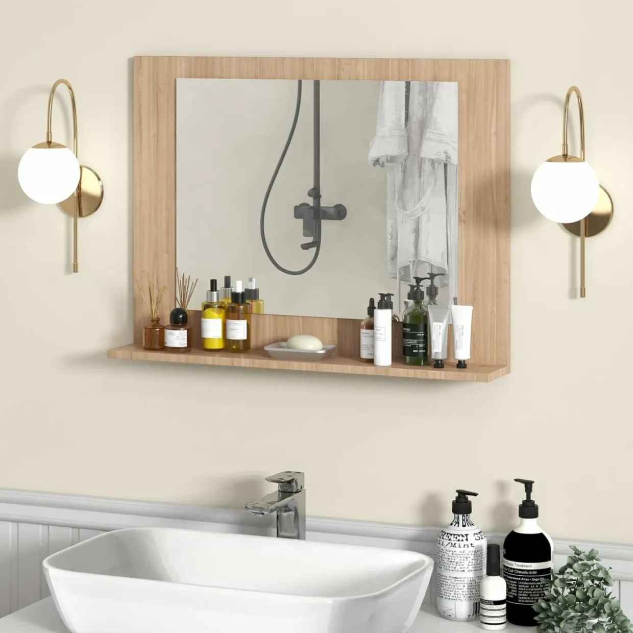 Tangkula Bathroom Mirror with Shelf, 23.5" x 17.5" Rectangle Wood Frame Bathroom Vanity Mirror for over Sink