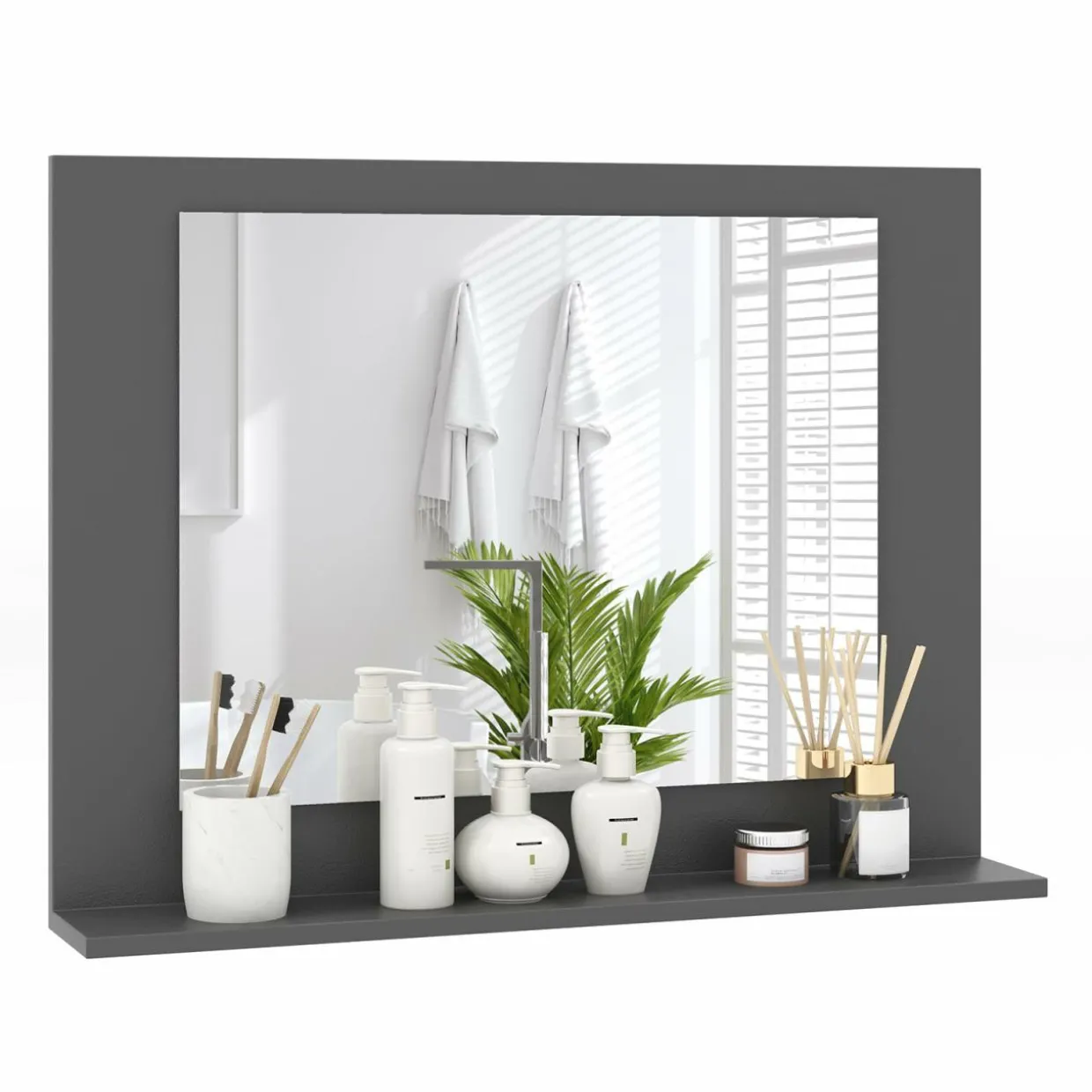 Tangkula Bathroom Mirror with Shelf, 23.5" x 17.5" Rectangle Wood Frame Bathroom Vanity Mirror for over Sink