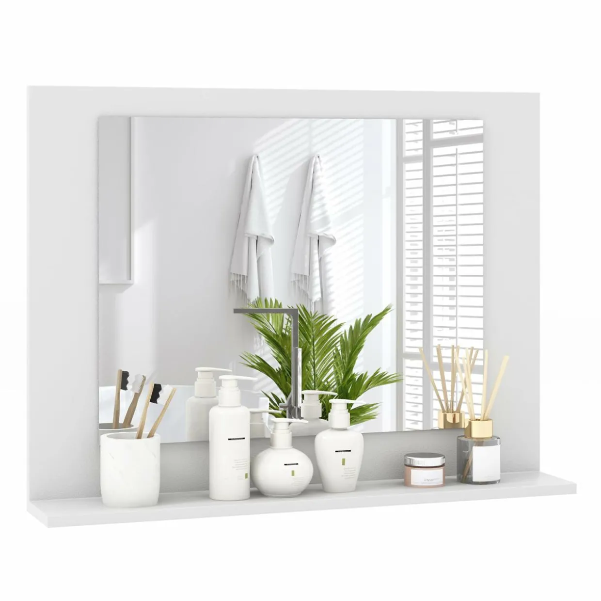 Tangkula Bathroom Mirror with Shelf, 23.5" x 17.5" Rectangle Wood Frame Bathroom Vanity Mirror for over Sink