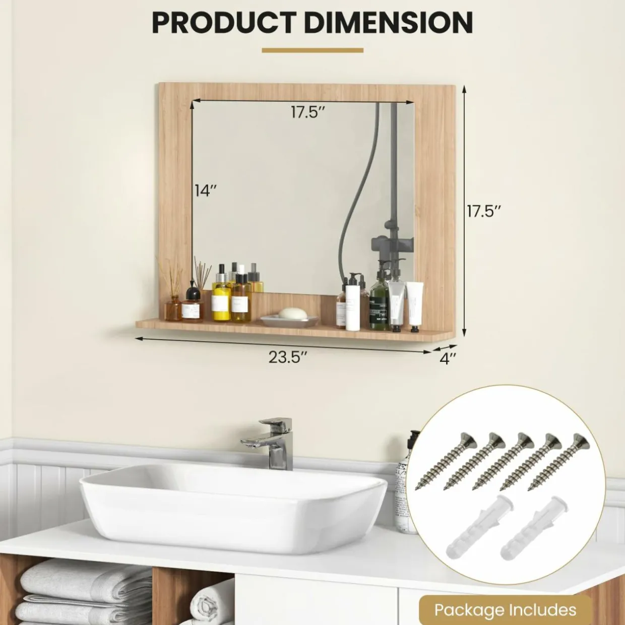 Tangkula Bathroom Mirror with Shelf, 23.5" x 17.5" Rectangle Wood Frame Bathroom Vanity Mirror for over Sink