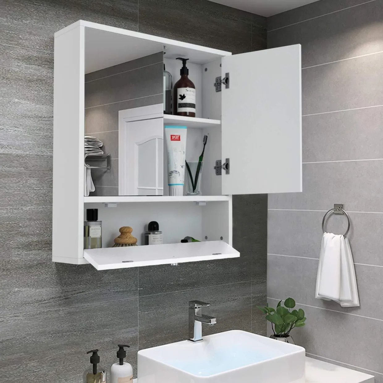 Tangkula Bathroom Mirror Cabinet, Wall Mounted Medicine Cabinet with Mirror Doors & Adjustable Shelf