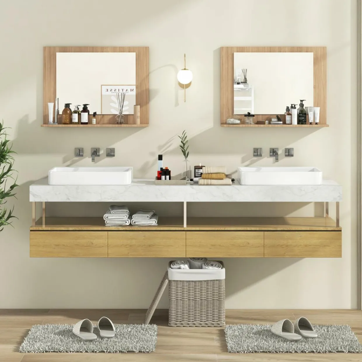 Tangkula Bathroom Mirror with Shelf, 23.5" x 17.5" Rectangle Wood Frame Bathroom Vanity Mirror for over Sink