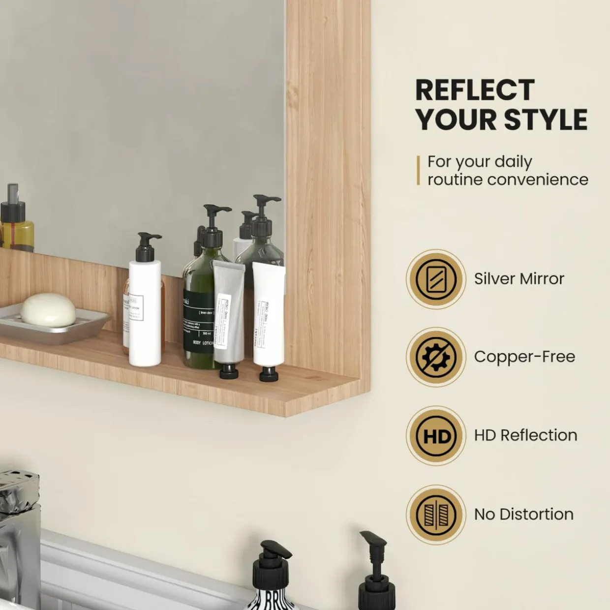 Tangkula Bathroom Mirror with Shelf, 23.5" x 17.5" Rectangle Wood Frame Bathroom Vanity Mirror for over Sink