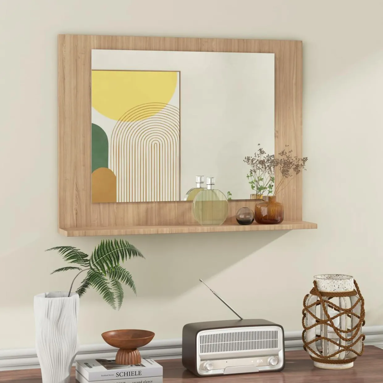 Tangkula Bathroom Mirror with Shelf, 23.5" x 17.5" Rectangle Wood Frame Bathroom Vanity Mirror for over Sink