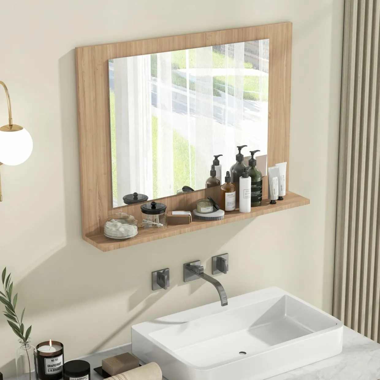 Tangkula Bathroom Mirror with Shelf, 23.5" x 17.5" Rectangle Wood Frame Bathroom Vanity Mirror for over Sink
