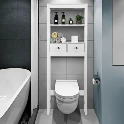Tangkula Bathroom Space Saver, Over The Toilet Shelf, X-Frame Bathroom Storage Shelf Organizer with 2 Drawers (White)
