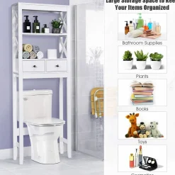 Tangkula Bathroom Space Saver, Over The Toilet Shelf, X-Frame Bathroom Storage Shelf Organizer with 2 Drawers (White)