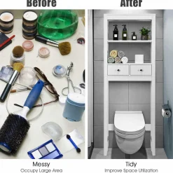 Tangkula Bathroom Space Saver, Over The Toilet Shelf, X-Frame Bathroom Storage Shelf Organizer with 2 Drawers (White)