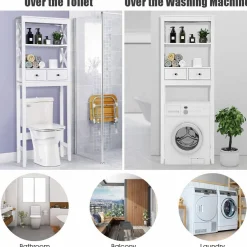 Tangkula Bathroom Space Saver, Over The Toilet Shelf, X-Frame Bathroom Storage Shelf Organizer with 2 Drawers (White)