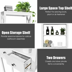 Tangkula Bathroom Space Saver, Over The Toilet Shelf, X-Frame Bathroom Storage Shelf Organizer with 2 Drawers (White)