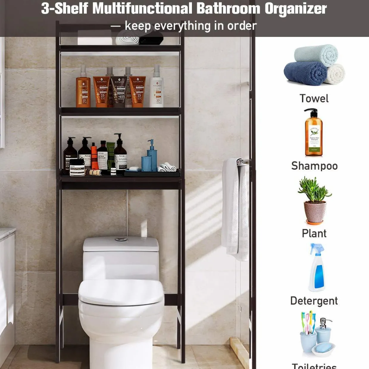 Tangkula Bathroom Space Saver, Over The Toilet Storage Rack, Free Standing 3-Shelf Bathroom Organizer