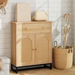 Tangkula Bathroom Storage Cabinet with Rattan Doors & Drawer, Sideboard Buffet Cabinet Coffee Bar(Farmhouse, Natural)