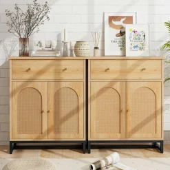 Tangkula Bathroom Storage Cabinet with Rattan Doors & Drawer, Sideboard Buffet Cabinet Coffee Bar(Farmhouse, Natural)