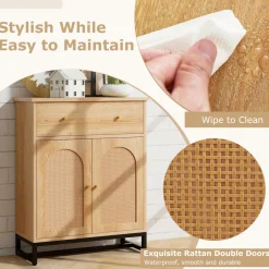 Tangkula Bathroom Storage Cabinet with Rattan Doors & Drawer, Sideboard Buffet Cabinet Coffee Bar(Farmhouse, Natural)