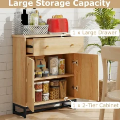 Tangkula Bathroom Storage Cabinet with Rattan Doors & Drawer, Sideboard Buffet Cabinet Coffee Bar(Farmhouse, Natural)