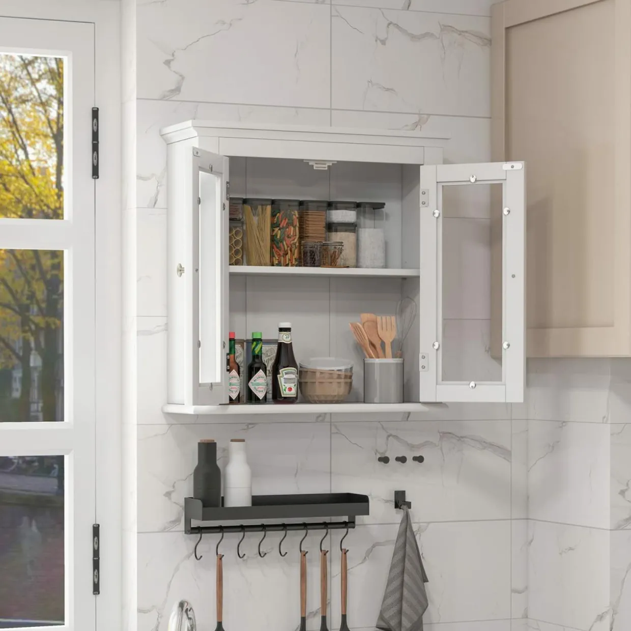 Tangkula Bathroom Wall Cabinet with Tempered Glass Doors, Wall Mounted Storage Cabinet