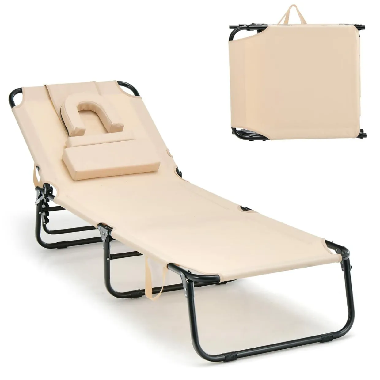 Tangkula Beach Lounge Chair, Folding Sunbathing Recliner with Face Hole