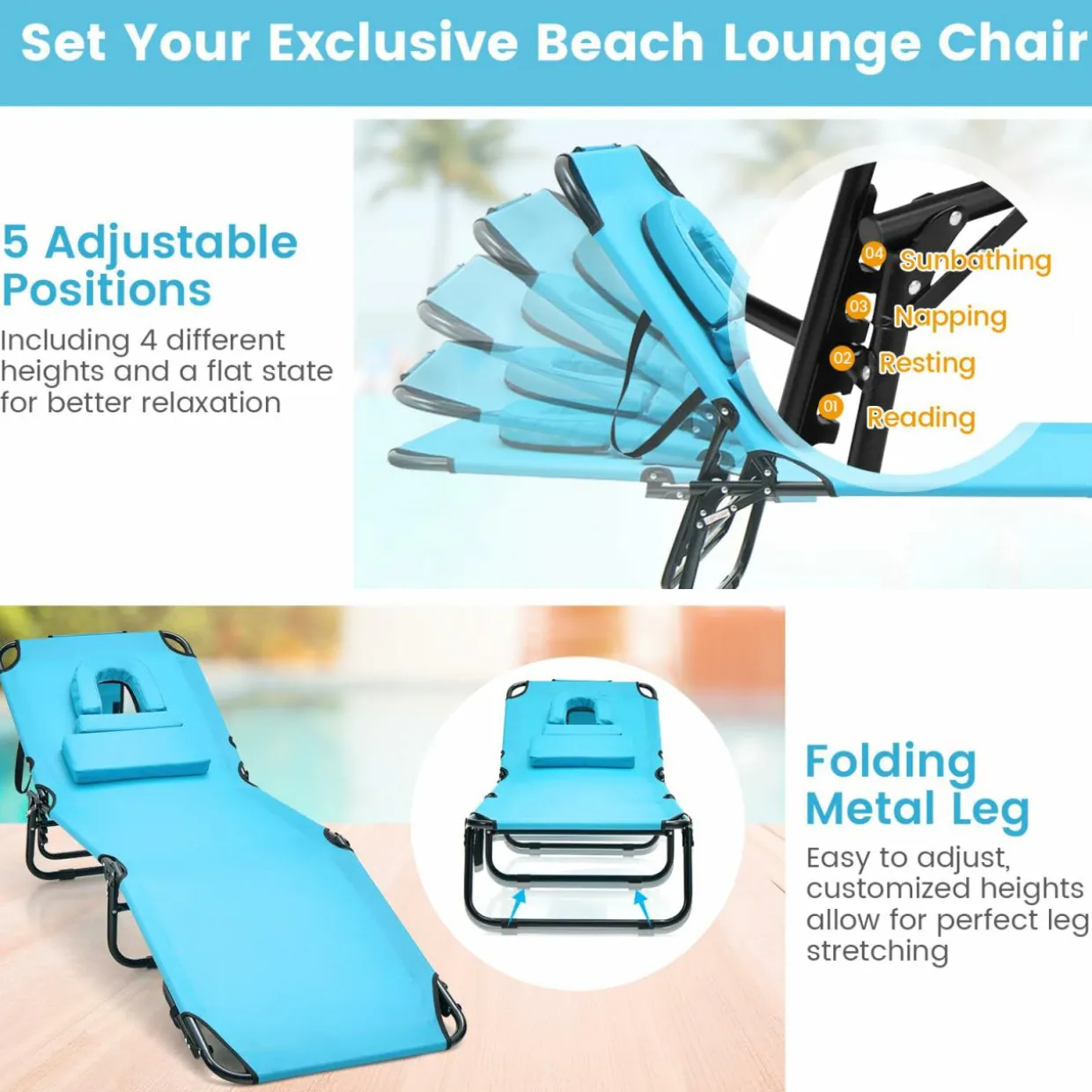 Tangkula Beach Lounge Chair, Folding Sunbathing Recliner with Face Hole