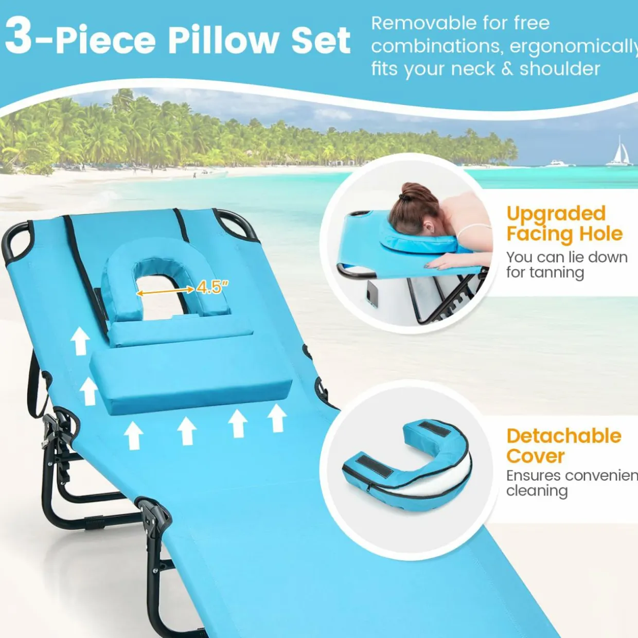 Tangkula Beach Lounge Chair, Folding Sunbathing Recliner with Face Hole