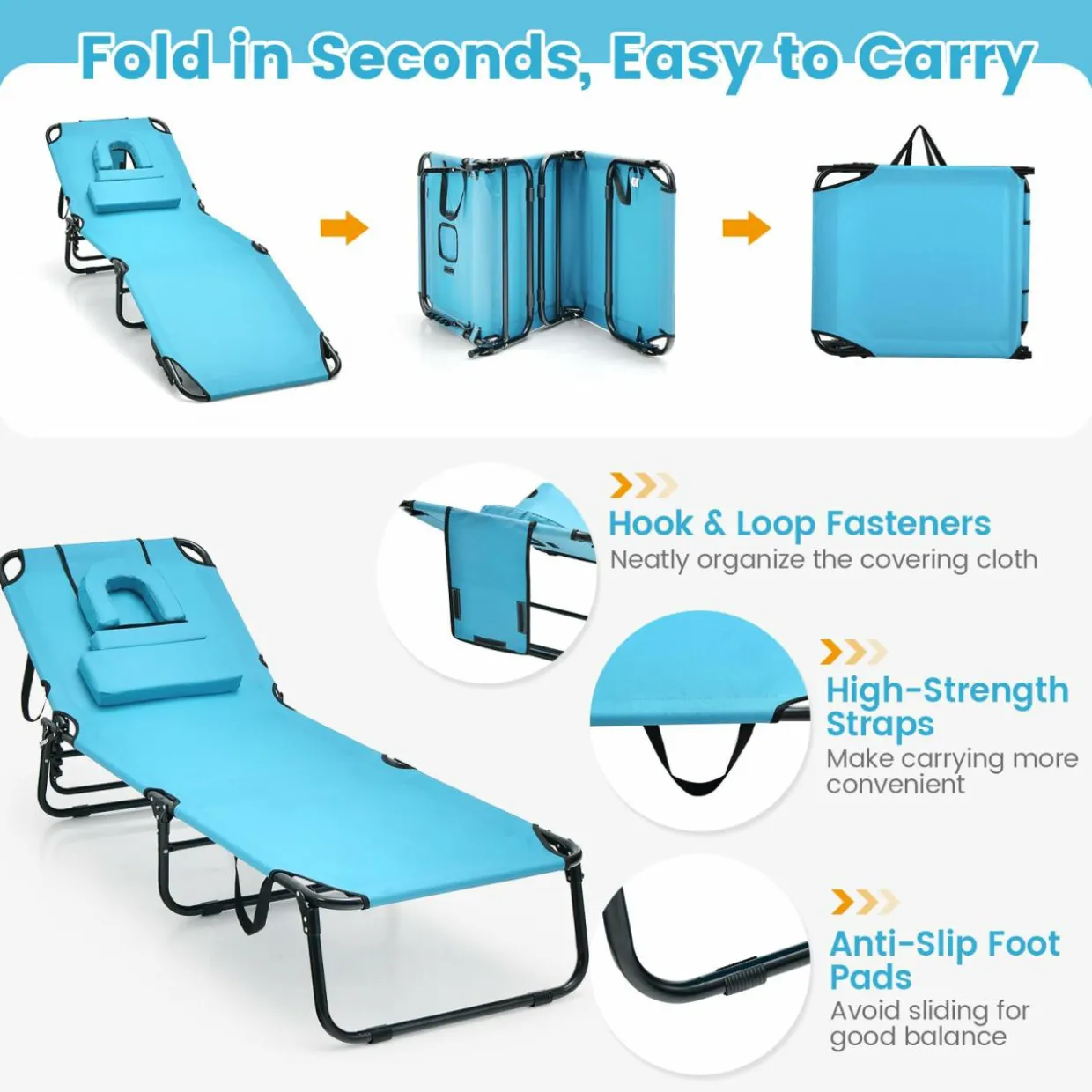 Tangkula Beach Lounge Chair, Folding Sunbathing Recliner with Face Hole