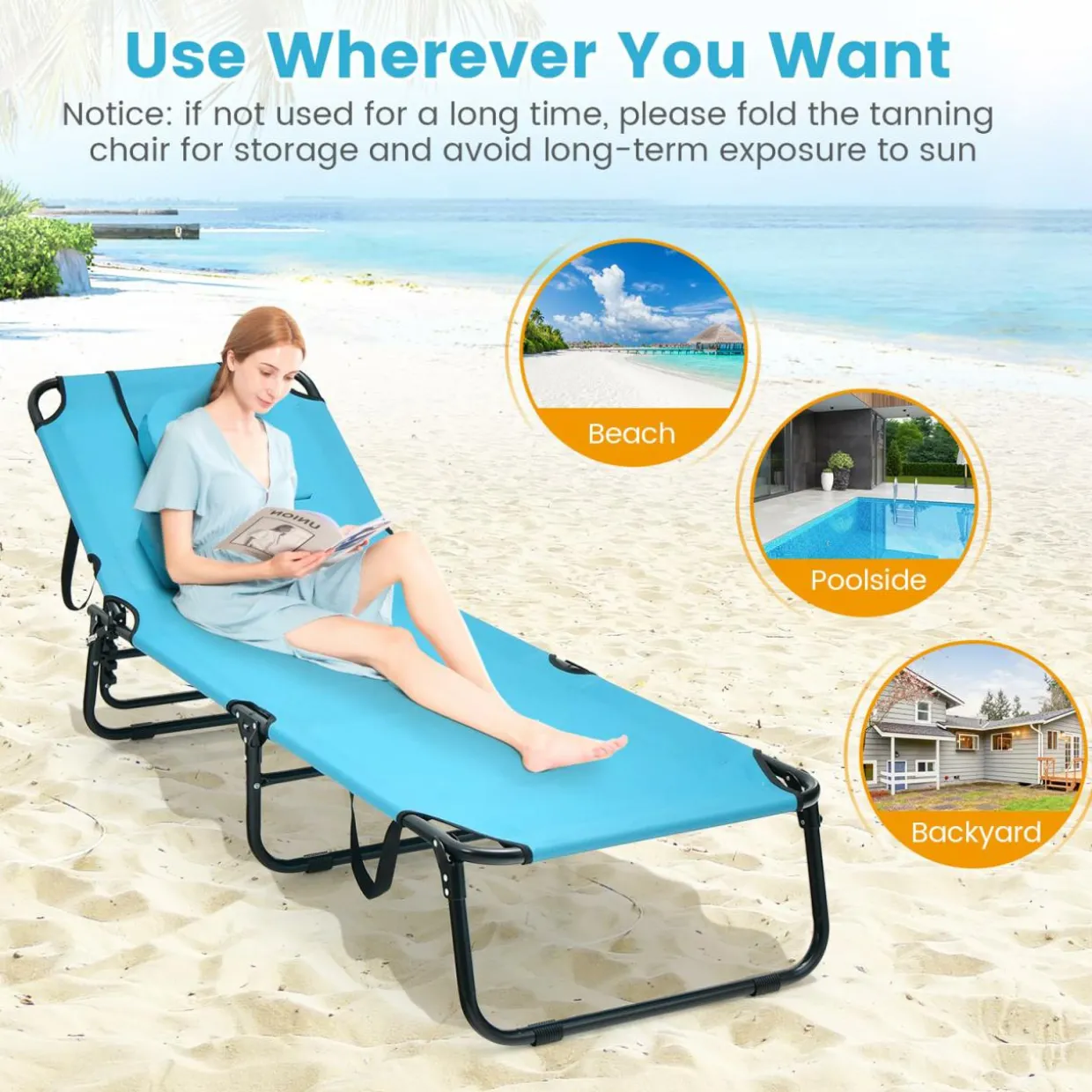 Tangkula Beach Lounge Chair, Folding Sunbathing Recliner with Face Hole