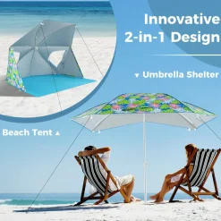Tangkula Beach Tent for 2-4 People, 2-in-1 Beach Tent Sun Shelter with Extendable Floor