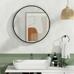 Tangkula Black Circle Bathroom Mirror 24", Round Wall Mirror w/Explosion-Proof Film, Steel Frame