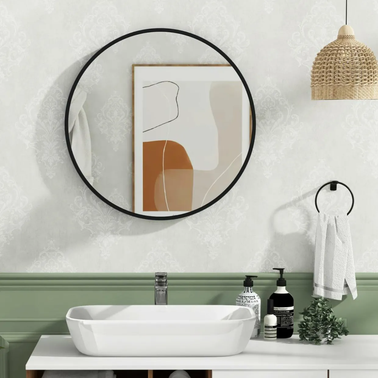 Tangkula Black Circle Bathroom Mirror 24", Round Wall Mirror w/Explosion-Proof Film, Steel Frame