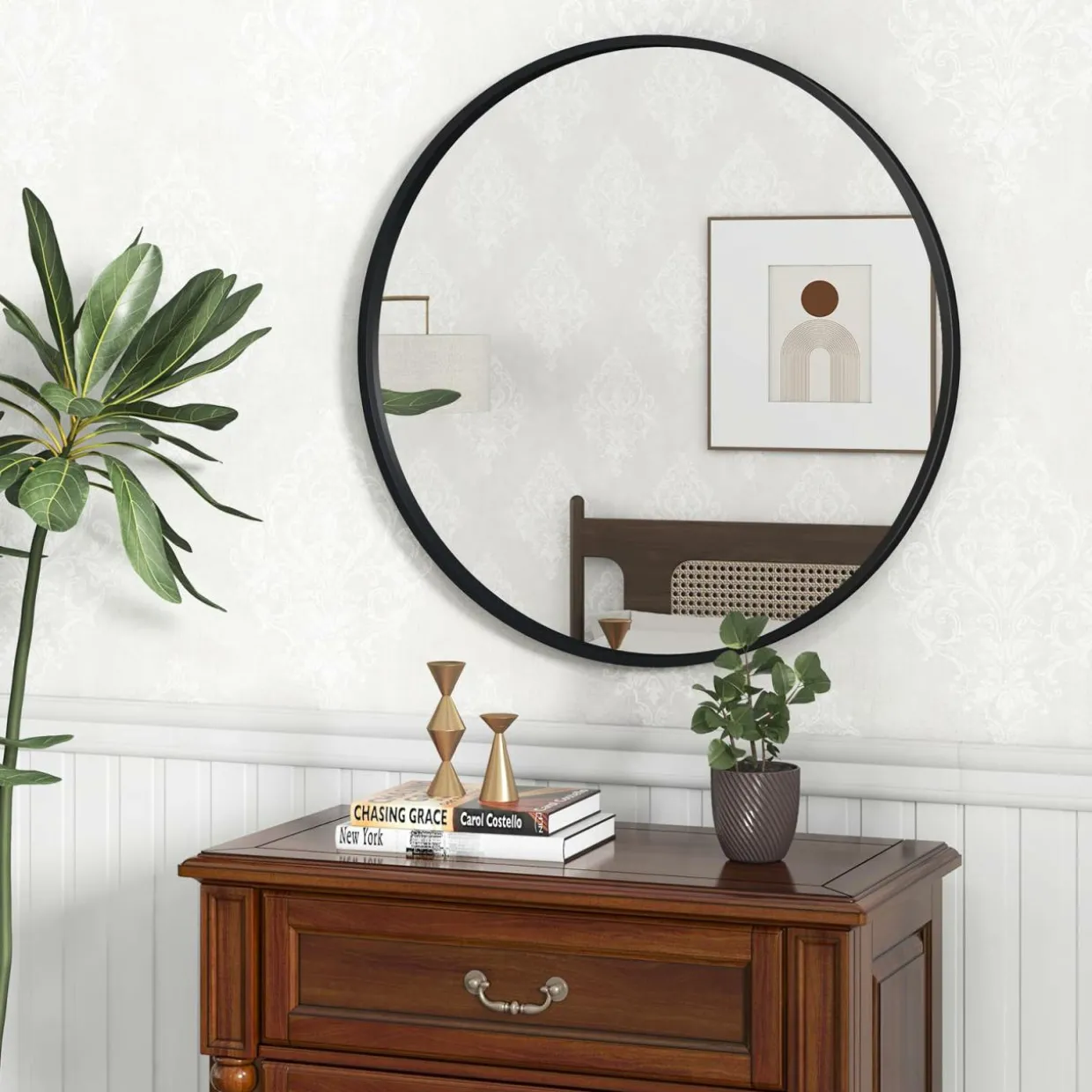 Tangkula Black Circle Bathroom Mirror 24", Round Wall Mirror w/Explosion-Proof Film, Steel Frame