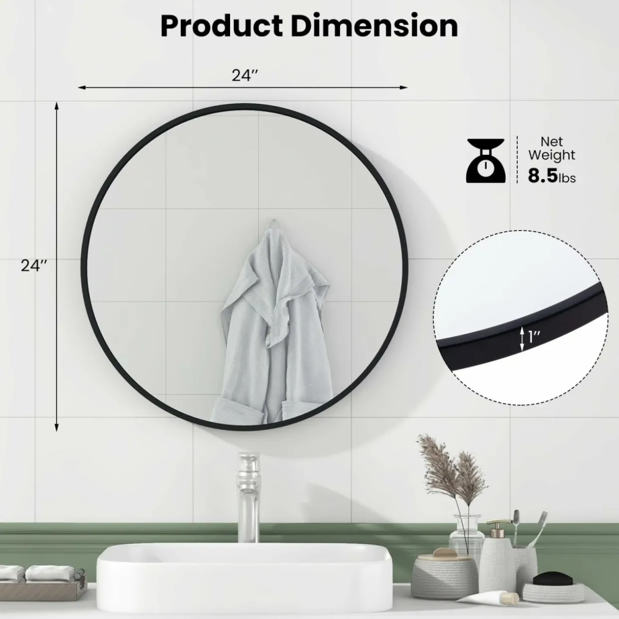 Tangkula Black Circle Bathroom Mirror 24", Round Wall Mirror w/Explosion-Proof Film, Steel Frame