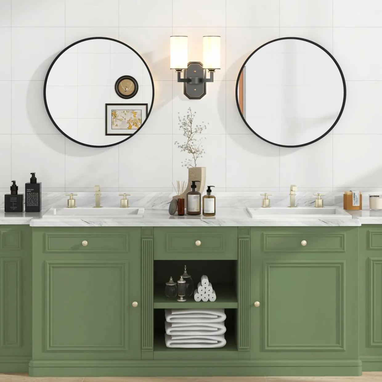 Tangkula Black Circle Bathroom Mirror 24", Round Wall Mirror w/Explosion-Proof Film, Steel Frame