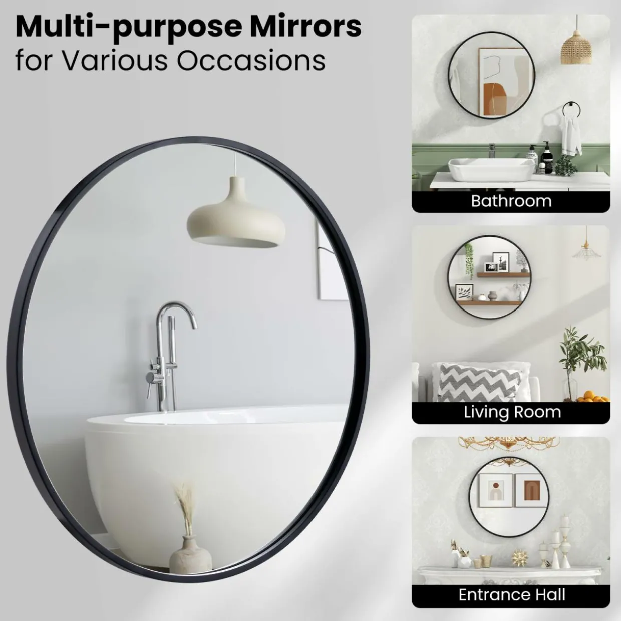 Tangkula Black Circle Bathroom Mirror 24", Round Wall Mirror w/Explosion-Proof Film, Steel Frame