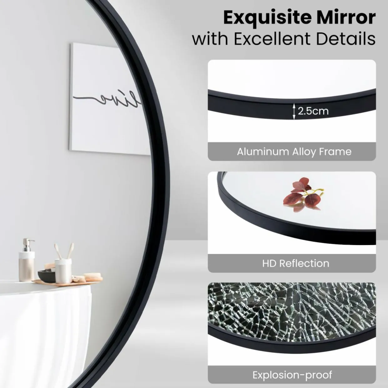 Tangkula Black Circle Bathroom Mirror 24", Round Wall Mirror w/Explosion-Proof Film, Steel Frame