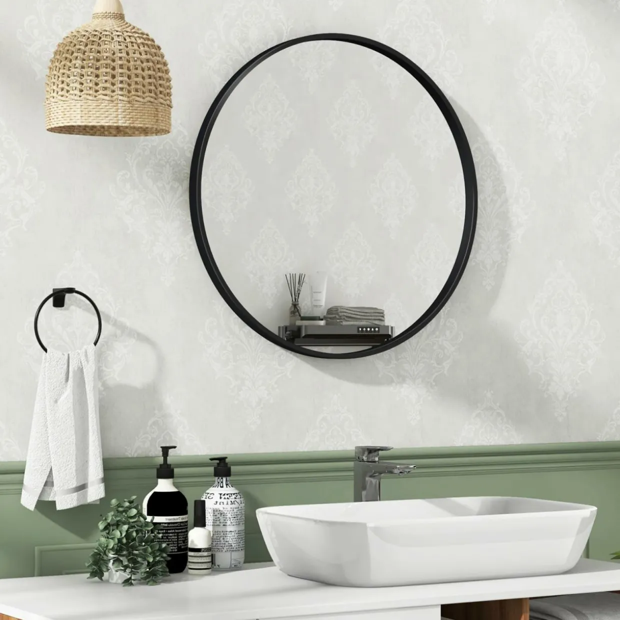 Tangkula Black Circle Bathroom Mirror 24", Round Wall Mirror w/Explosion-Proof Film, Steel Frame