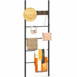 Tangkula Blanket Ladder, 5-Tier Ladder Shelf with 5 Removable Hooks