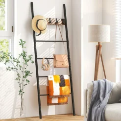 Tangkula Blanket Ladder, 5-Tier Ladder Shelf with 5 Removable Hooks