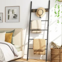 Tangkula Blanket Ladder, 5-Tier Ladder Shelf with 5 Removable Hooks