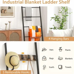 Tangkula Blanket Ladder, 5-Tier Ladder Shelf with 5 Removable Hooks
