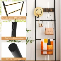 Tangkula Blanket Ladder, 5-Tier Ladder Shelf with 5 Removable Hooks