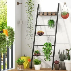 Tangkula Blanket Ladder, 5-Tier Ladder Shelf with 5 Removable Hooks