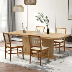 Tangkula Boho Dining Chairs, Natural Rattan Living Room Chairs with Teak Wood Structure & Footrests