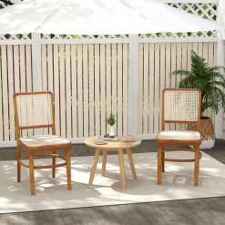 Tangkula Boho Dining Chairs, Natural Rattan Living Room Chairs with Teak Wood Structure & Footrests
