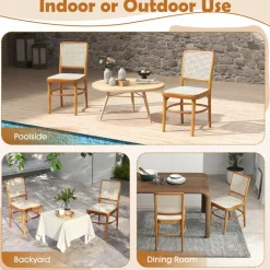 Tangkula Boho Dining Chairs, Natural Rattan Living Room Chairs with Teak Wood Structure & Footrests