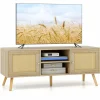 Tangkula Boho TV Stand for TVs up to 55”, PE Rattan Media Console Table with 2 Cabinets & Open Shelves