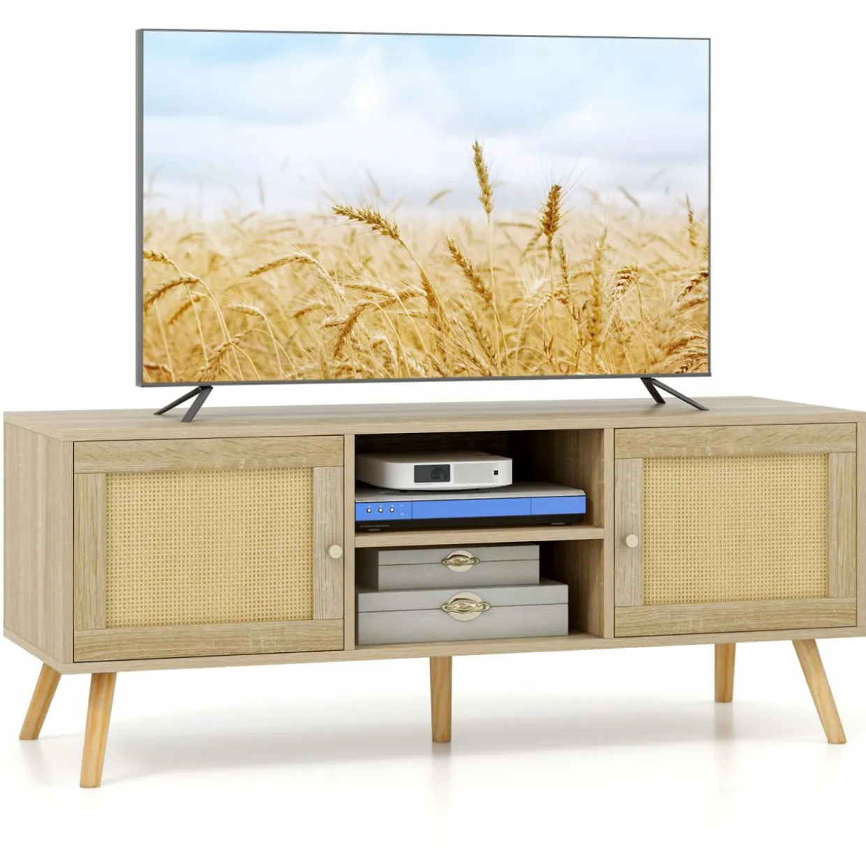 Tangkula Boho TV Stand for TVs up to 55”, PE Rattan Media Console Table with 2 Cabinets & Open Shelves