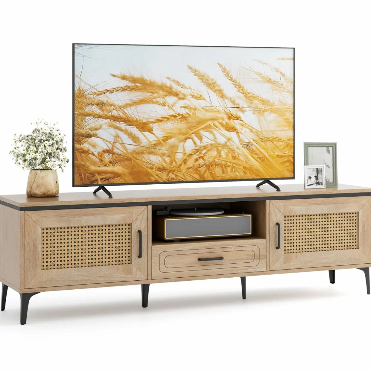 Tangkula Boho TV Stand for 65 Inch TVs, Mid Century Modern Media Entertainment Center with Drawer