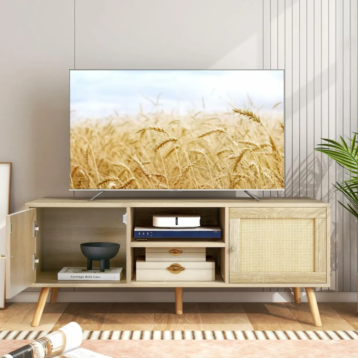 Tangkula Boho TV Stand for TVs up to 55”, PE Rattan Media Console Table with 2 Cabinets & Open Shelves