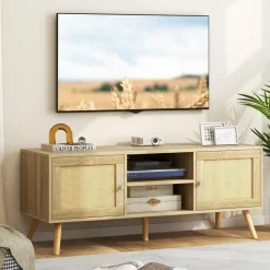 Tangkula Boho TV Stand for TVs up to 55”, PE Rattan Media Console Table with 2 Cabinets & Open Shelves