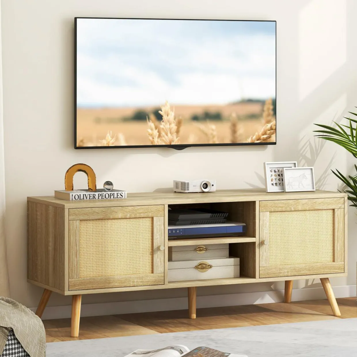 Tangkula Boho TV Stand for TVs up to 55”, PE Rattan Media Console Table with 2 Cabinets & Open Shelves